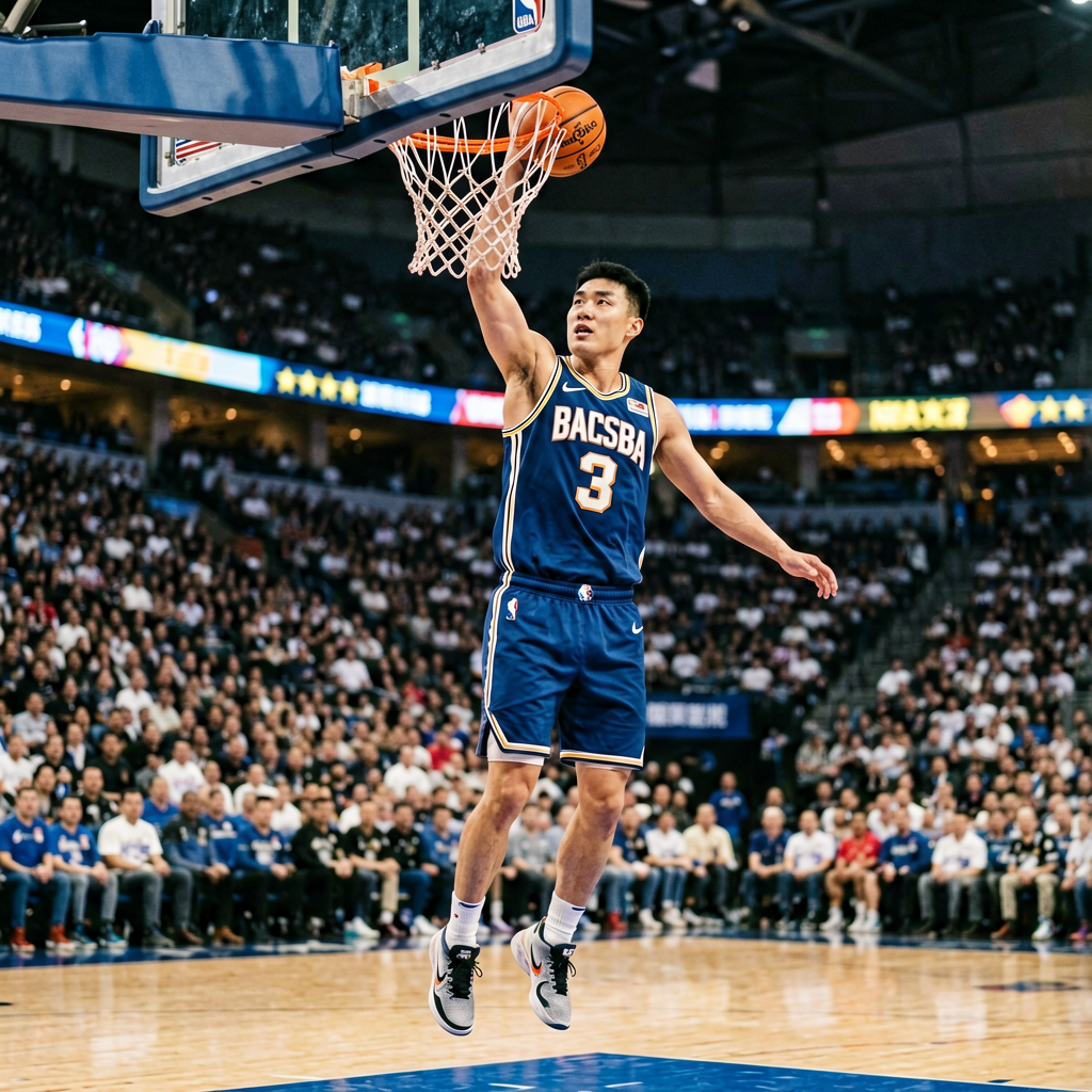 NBA篮球比赛现场，球员扣篮瞬间